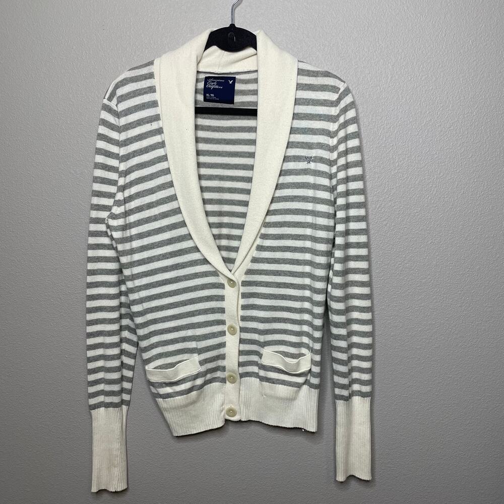 American Eagle Gray Ivory Striped Button Up Cardigan Sweater Women's Size XL